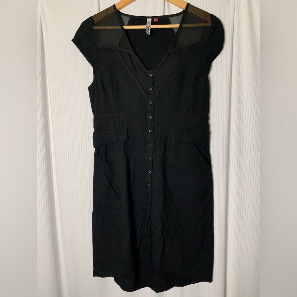 3Stones - Black Button Up Front Dress With Cap Sleeves And Sheer Fabric At Neck